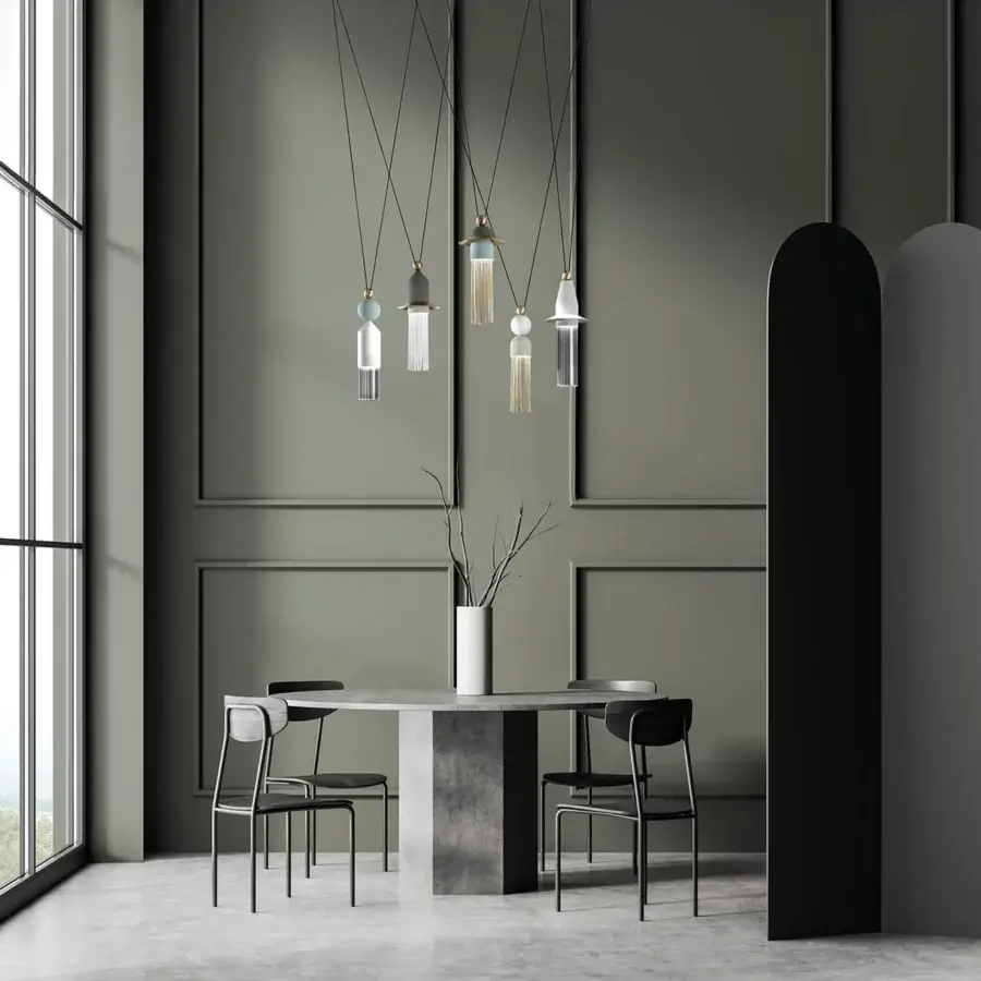 Exceptional Masiero Nappe suspension lamp with cylindrical form in painted metal and translucent green and amber Pyrex diffusers with satin finish